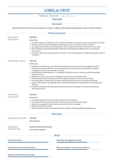 Waitstaff Resume Examples and Templates