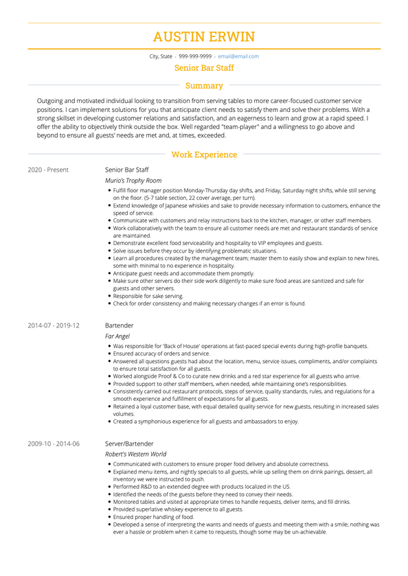 Bar Staff CV Examples Templates VisualCV   Barstaff Cv Example Monte 