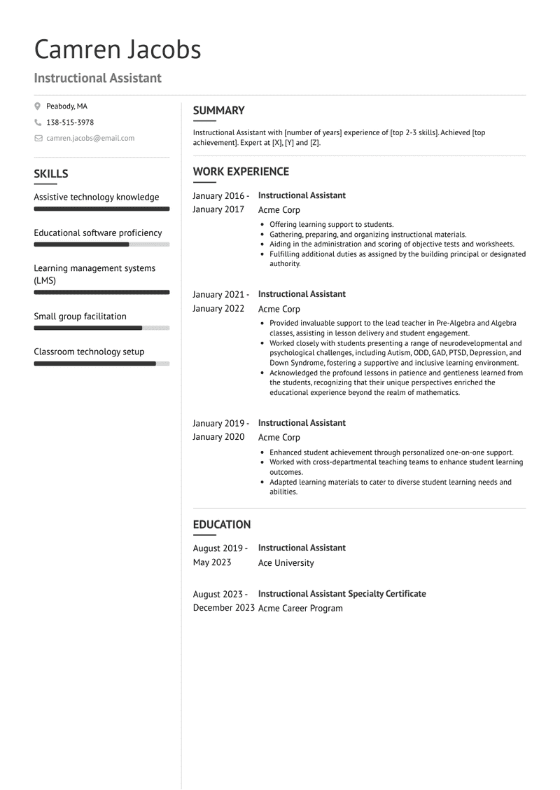 Instructional Assistant Resume Sample and Template