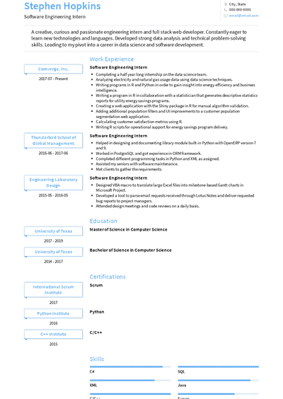 sample resume for software engineer internship