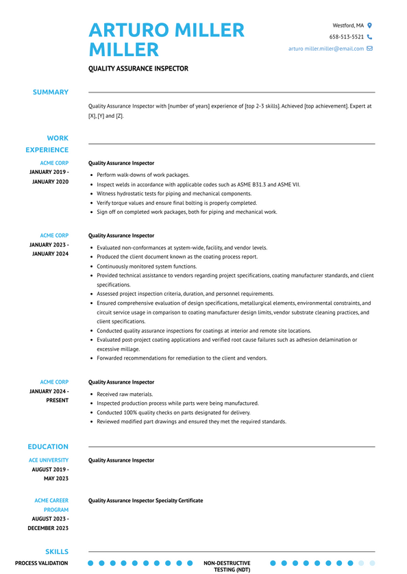 sample resume for quality assurance inspector