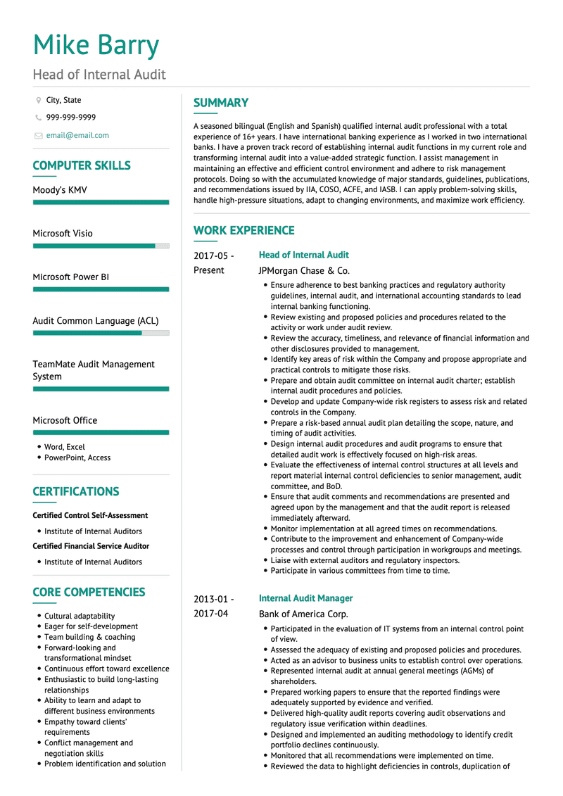 Head of Internal Audit CV Example and Template