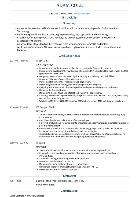 IT Specialist Resume Samples and Templates | VisualCV