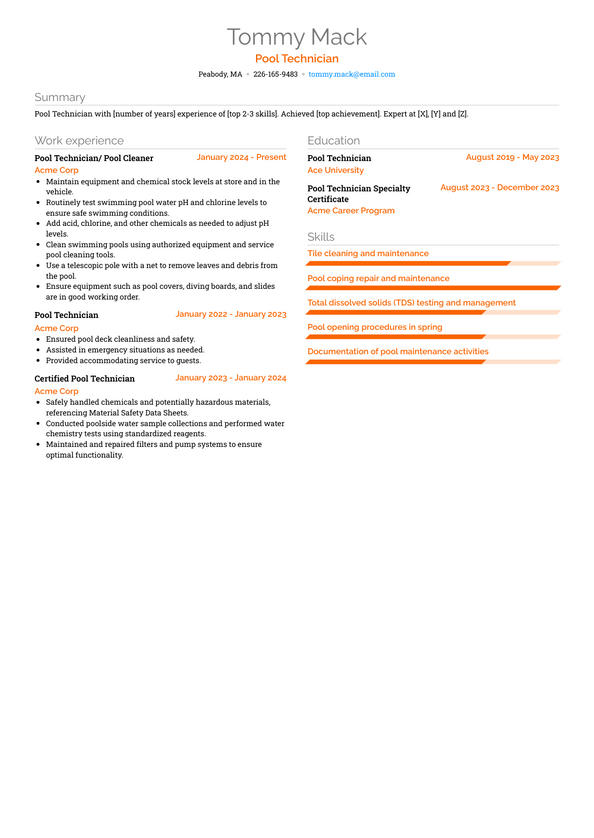 Pool Technician Resume Examples and Templates