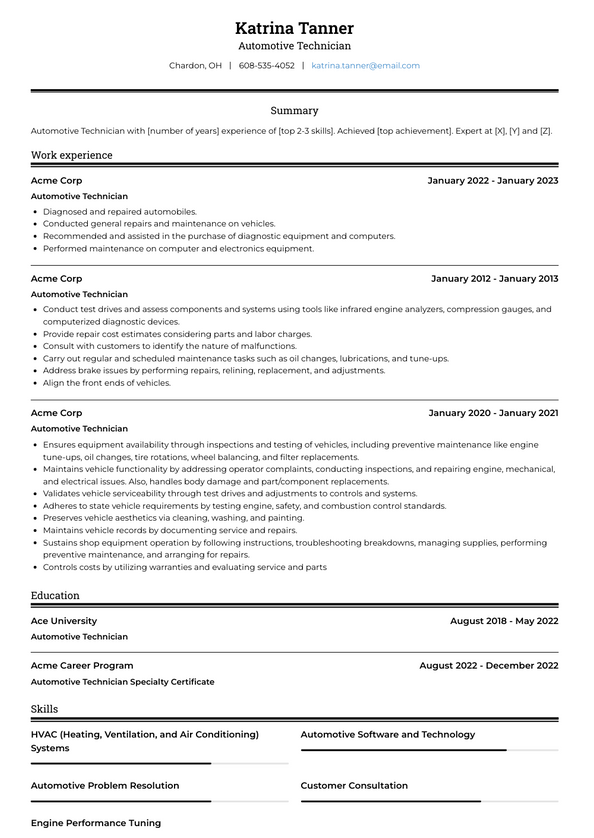 Automotive Technician Resume Examples and Templates