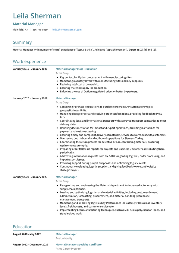 Material Manager Resume Examples and Templates