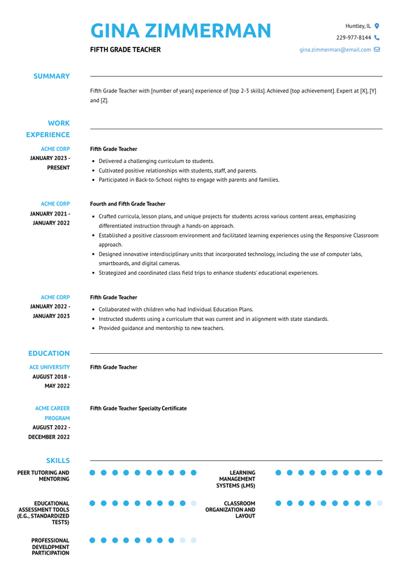 Fifth Grade Teacher Resume Examples and Templates