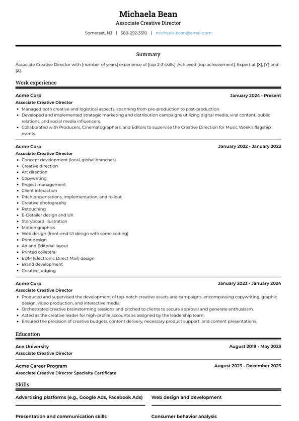 Associate Creative Director Resume Examples and Templates