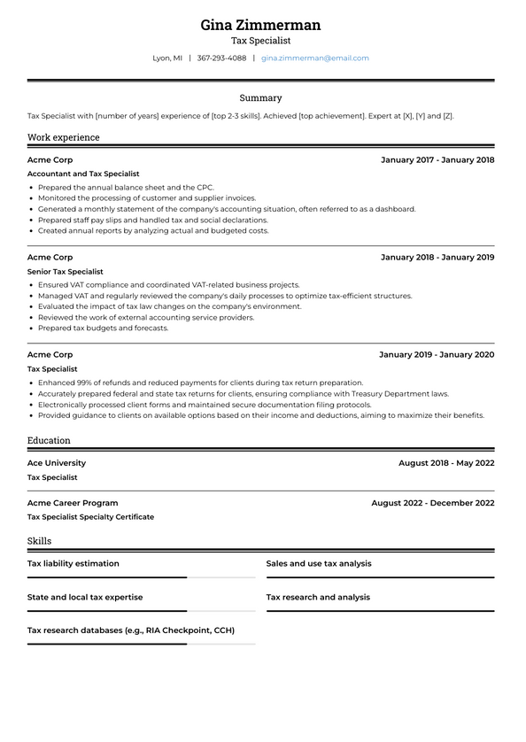 Tax Specialist Resume Examples and Templates