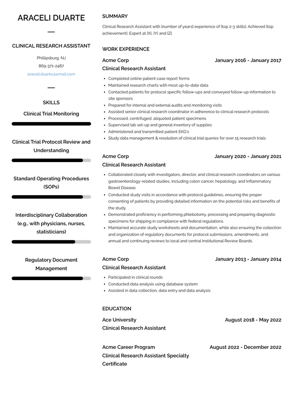 clinical research assistant sample resume