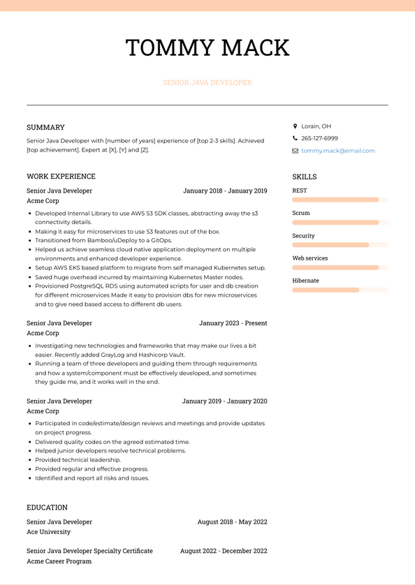 senior java developer resume template