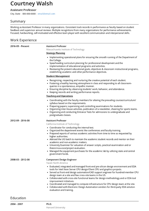 Assistant Professor Resume Samples and Templates | VisualCV