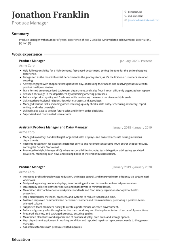 Produce Manager Resume Examples and Templates