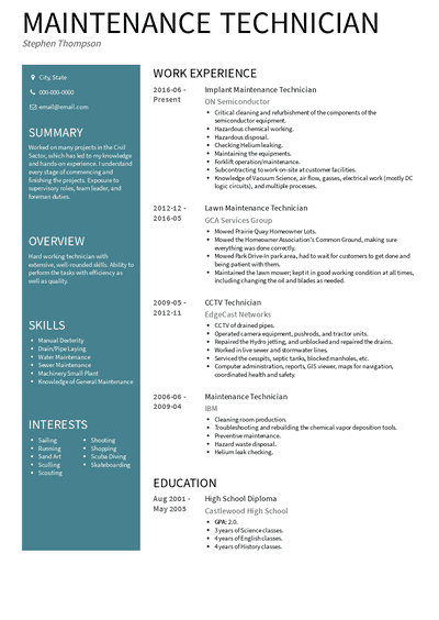 Maintenance Technician Resume Samples and Templates | VisualCV