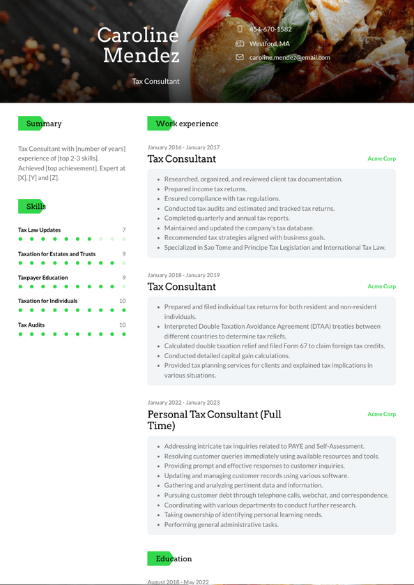 Tax Consultant Resume Examples and Templates