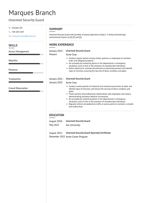 Unarmed Security Guard Resume Examples and Templates