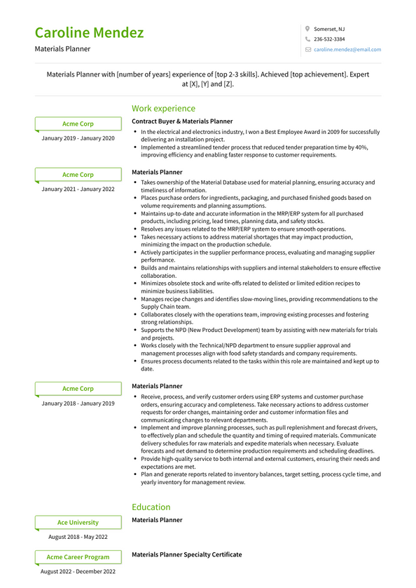 Materials Planner Resume Examples and Templates