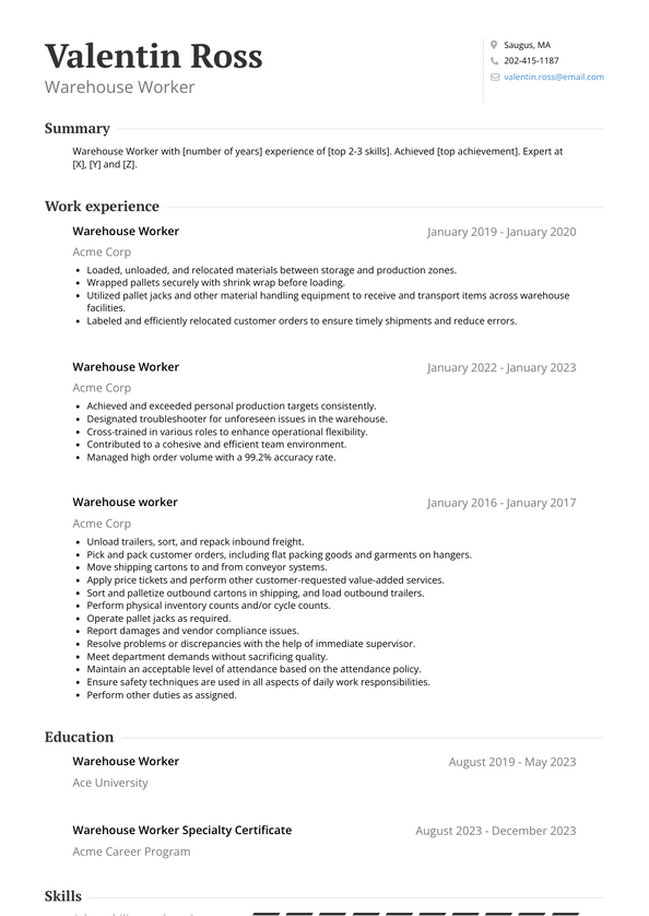 Warehouse Worker Resume Examples and Templates