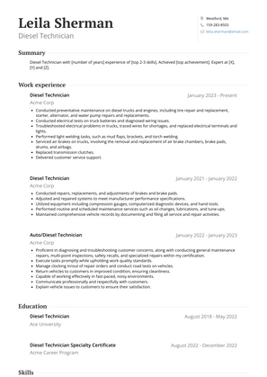 Diesel Technician Resume Sample and Template