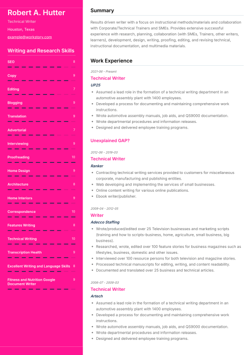 pink color resume template quartz