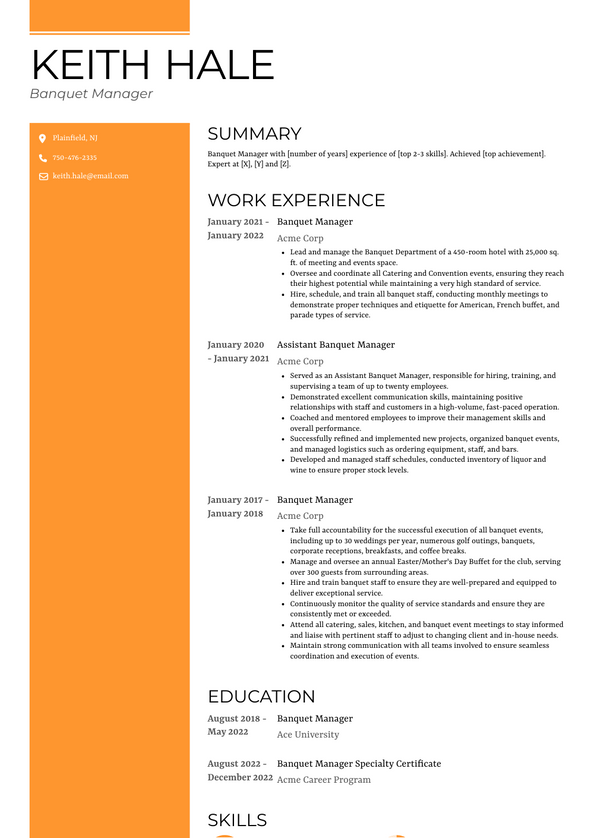 Banquet Manager Resume Examples and Templates