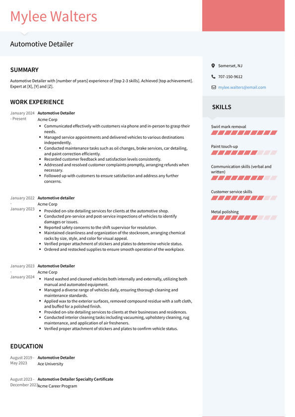 Automotive Detailer Resume Examples and Templates