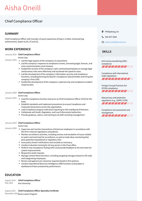 Chief Compliance Officer Resume Examples And Templates