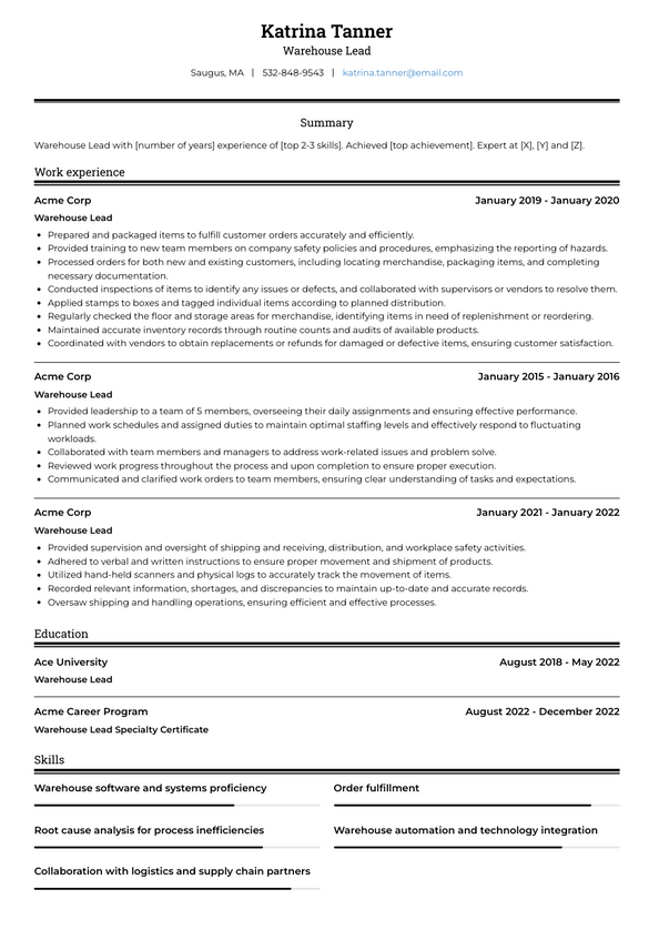 Warehouse Lead Resume Examples and Templates