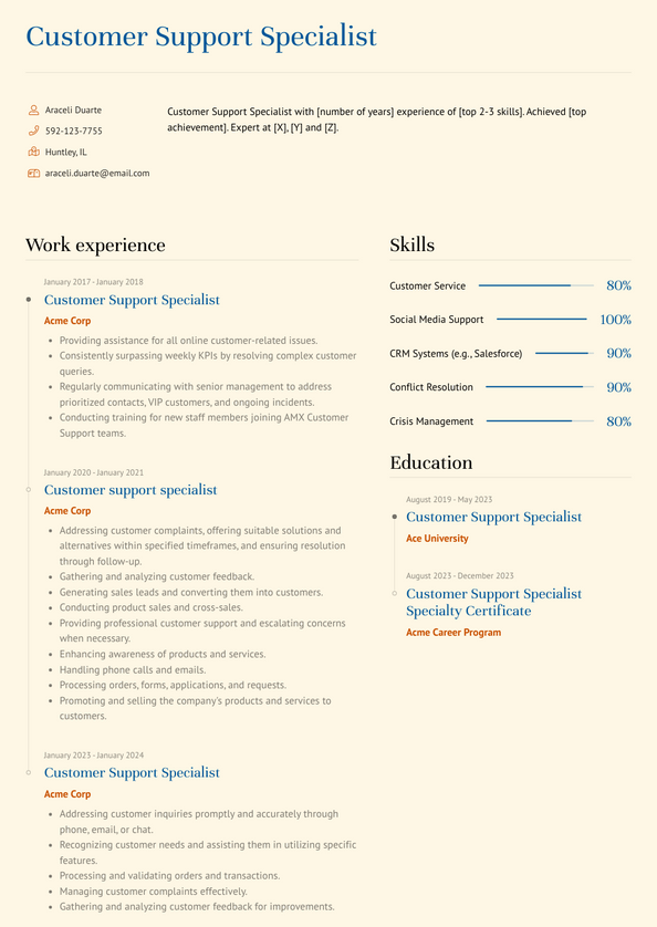 Customer Support Specialist Resume Examples and Templates