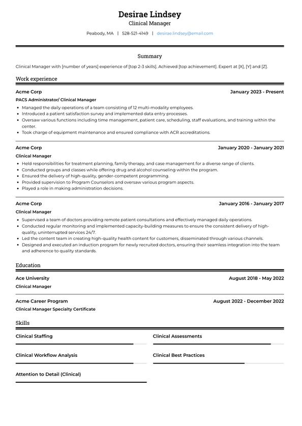 Clinical Manager Resume Examples and Templates