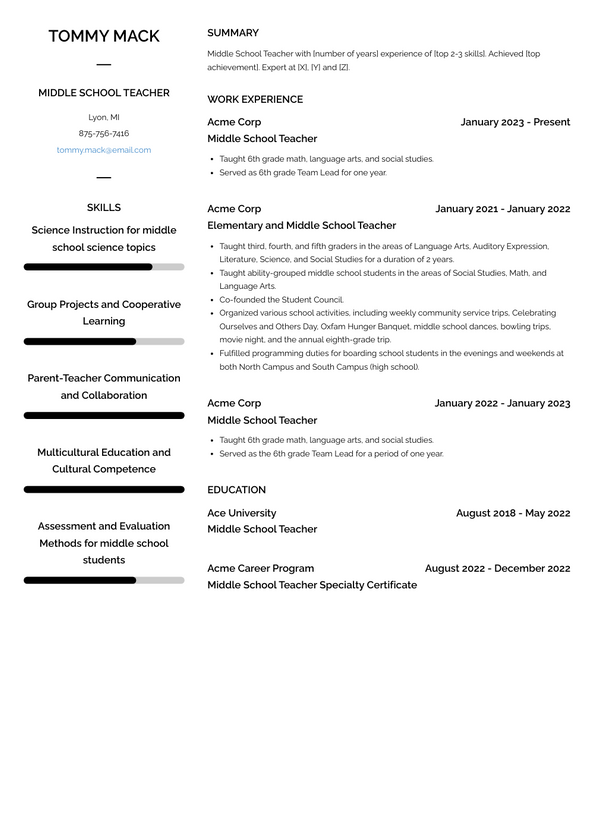 Middle School Teacher Resume Examples and Templates