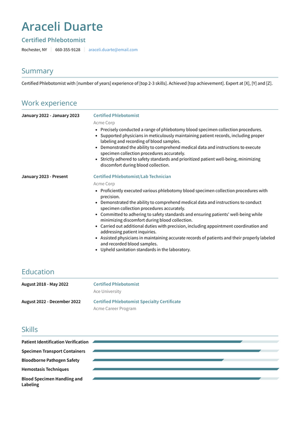 Certified Phlebotomist Resume Examples and Templates