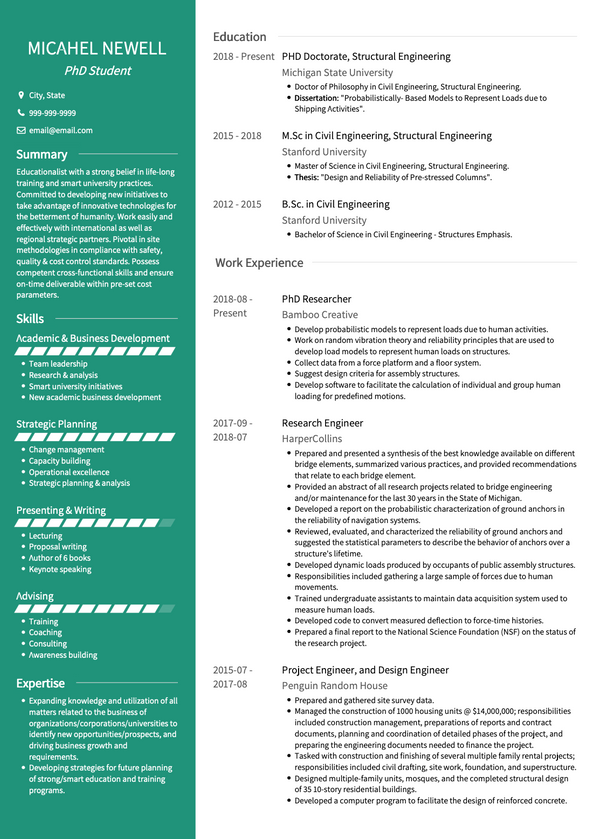 example cv phd candidate