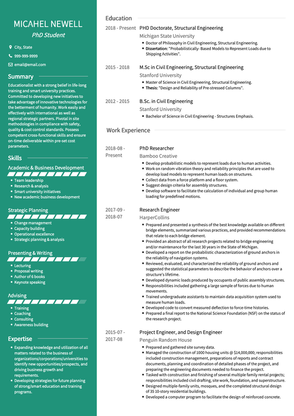 PhD Student CV Examples Templates VisualCV