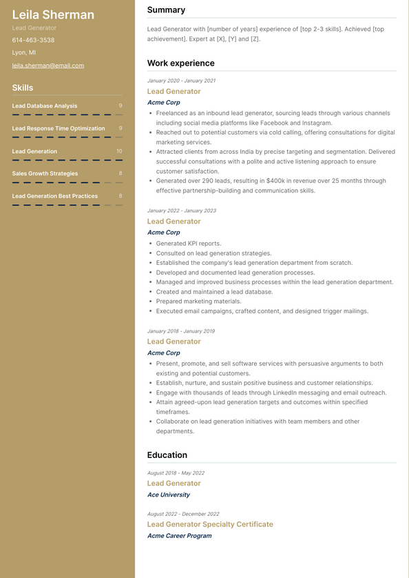 Lead Generator Resume Examples and Templates