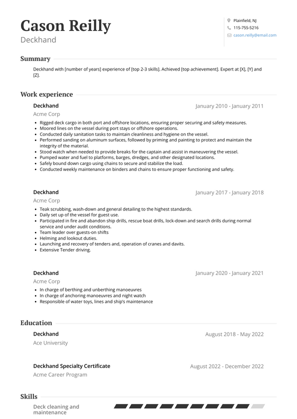 Deckhand Resume Examples and Templates