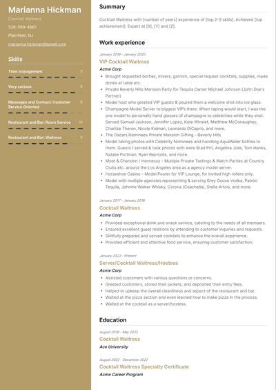 Cocktail Waitress Resume Examples and Templates