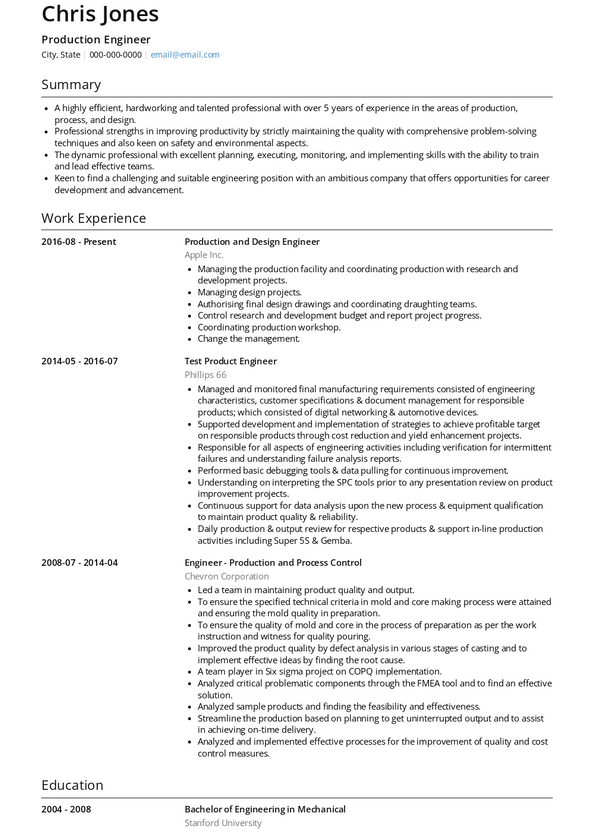 Production Engineer Resume Examples [+ 3 Samples] | VisualCV