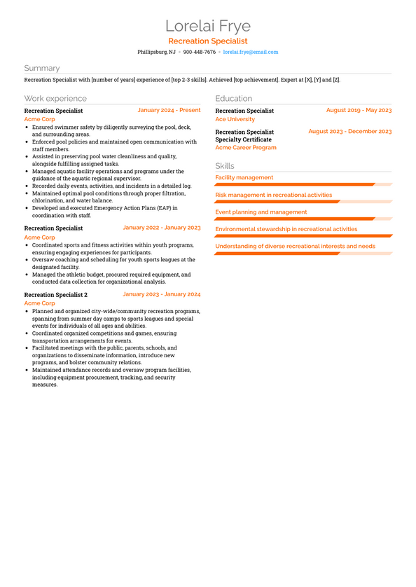 Recreation Specialist Resume Examples and Templates