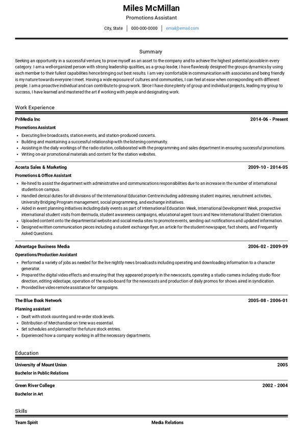 Promotions Assistant Resume Samples and Templates | VisualCV