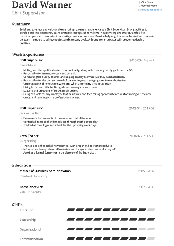 Shift Supervisor Resume Samples And Templates 