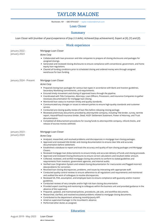 Loan Closer Resume Examples and Templates