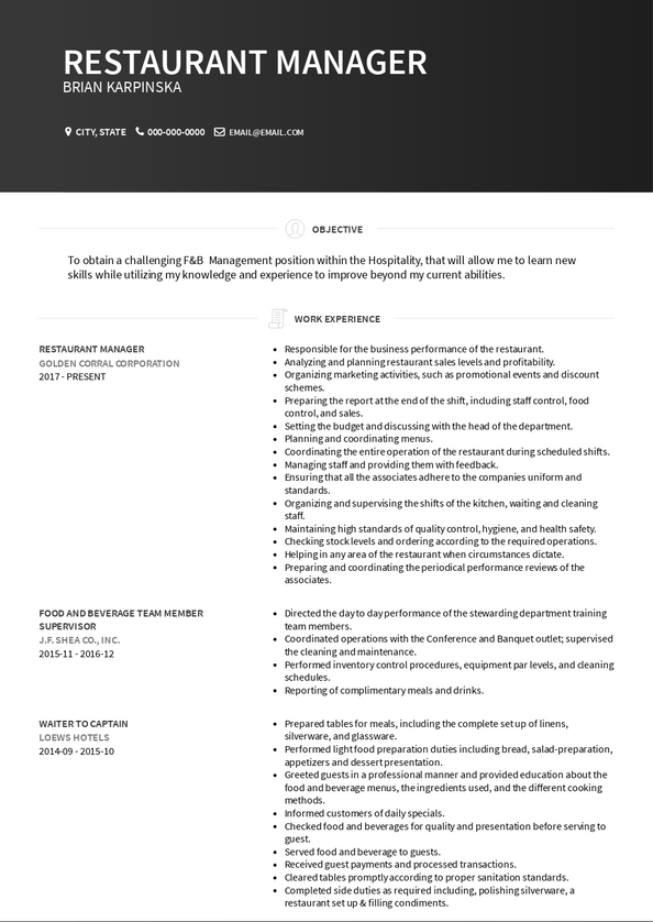 resume for restaurant manager