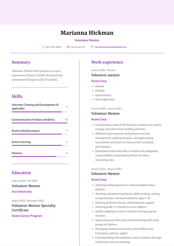 Volunteer Mentor Resume Examples and Templates