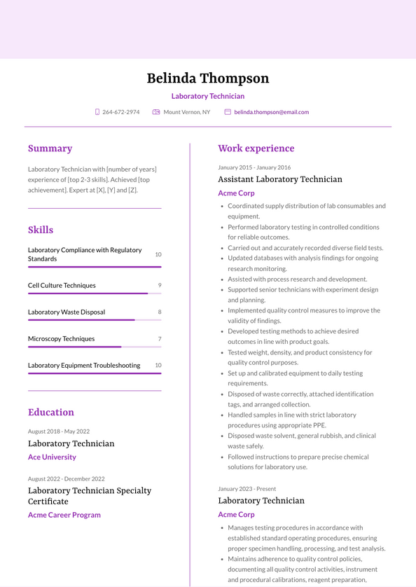 Laboratory Technician Resume Examples and Templates