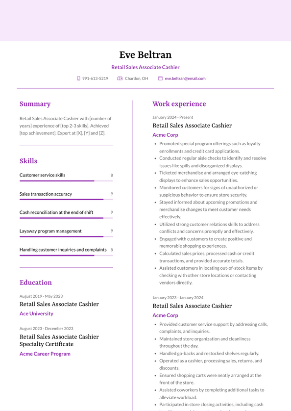 Retail Sales Associate Cashier Resume Examples and Templates