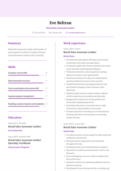 Retail Sales Associate Cashier Resume Examples and Templates