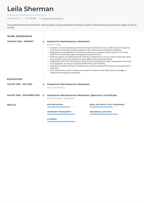 3+ Industrial Maintenance Mechanic Resume Examples and Templates