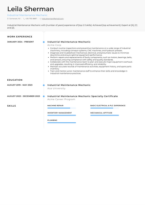 Industrial Maintenance Mechanic Resume Sample and Template