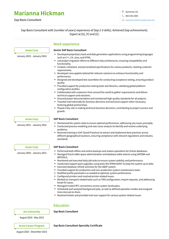 Sap Basis Consultant Resume Examples and Templates